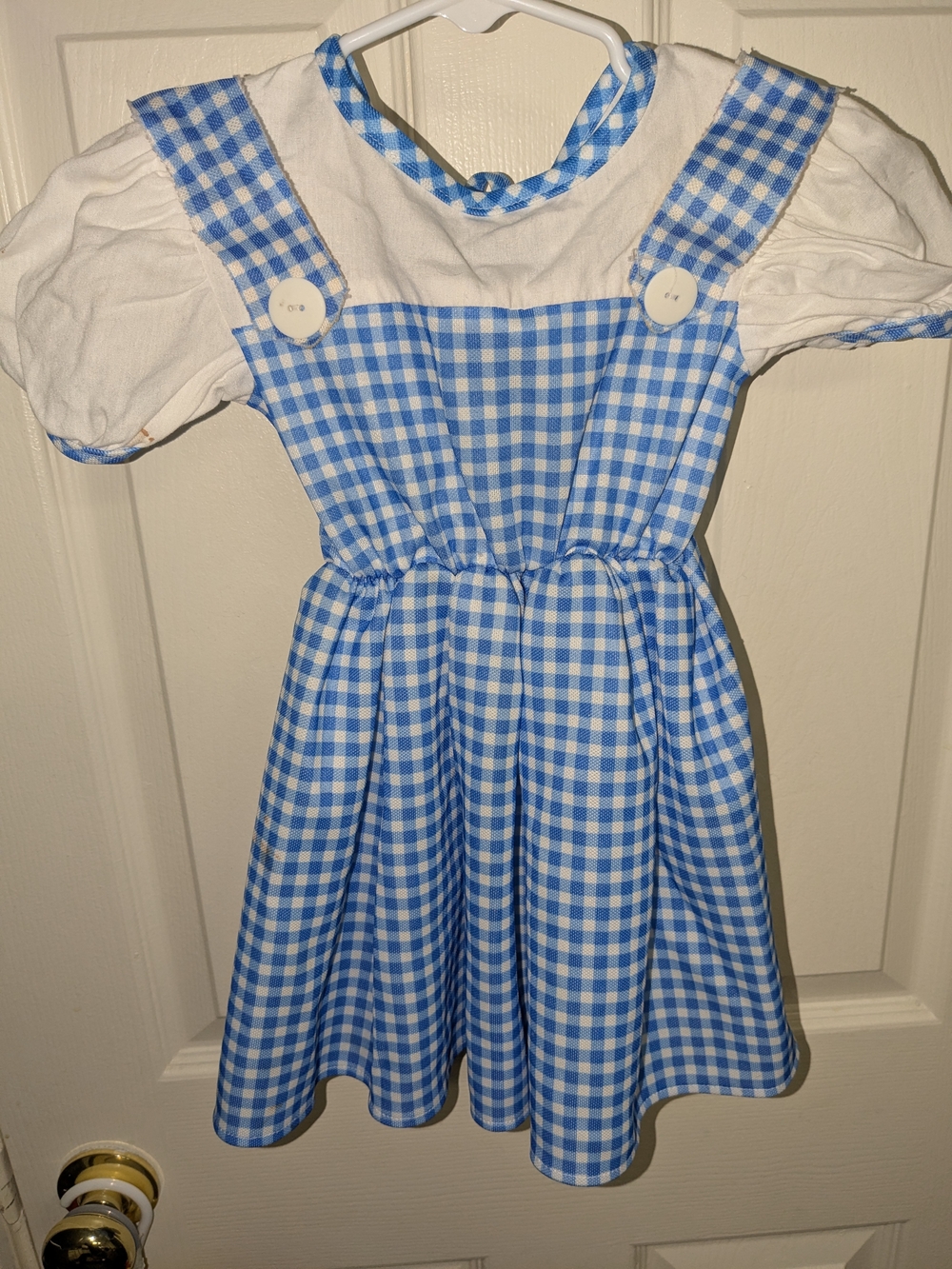 Blue Gingham Pinafore Dress with White Puff Sleeve Top 2-4t